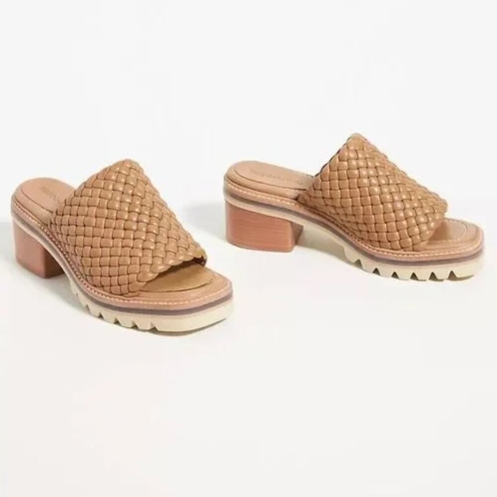 Anthropologie Bernardo Sylvie Block Heeled Slide Sandals Woven Leather Sand 9.5